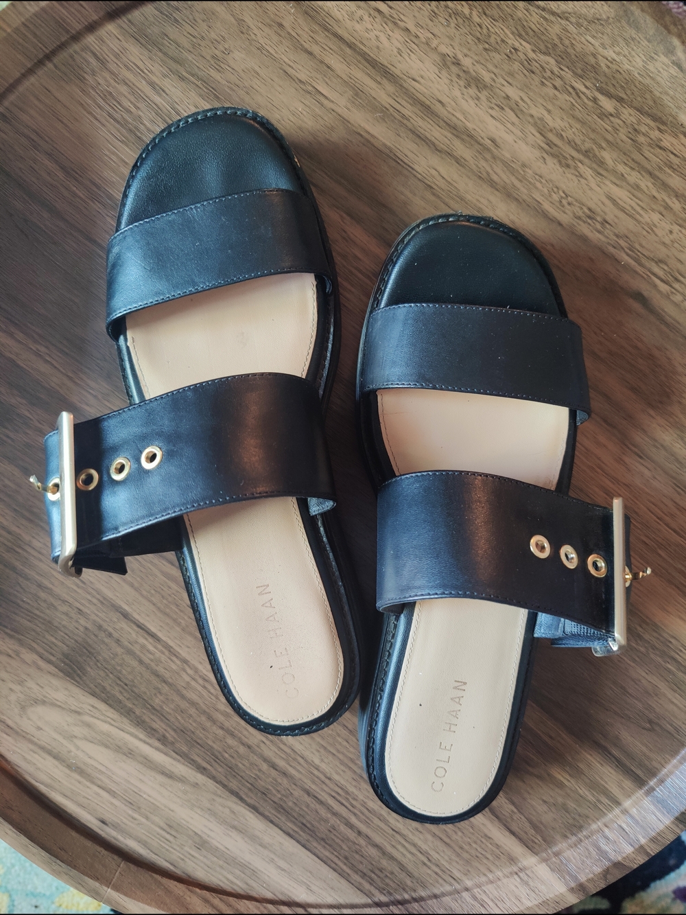 Cole Haan Black Leather-style Buckle Slide Mules